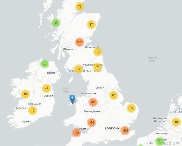 Map of UK and north of France with coloured numbers.