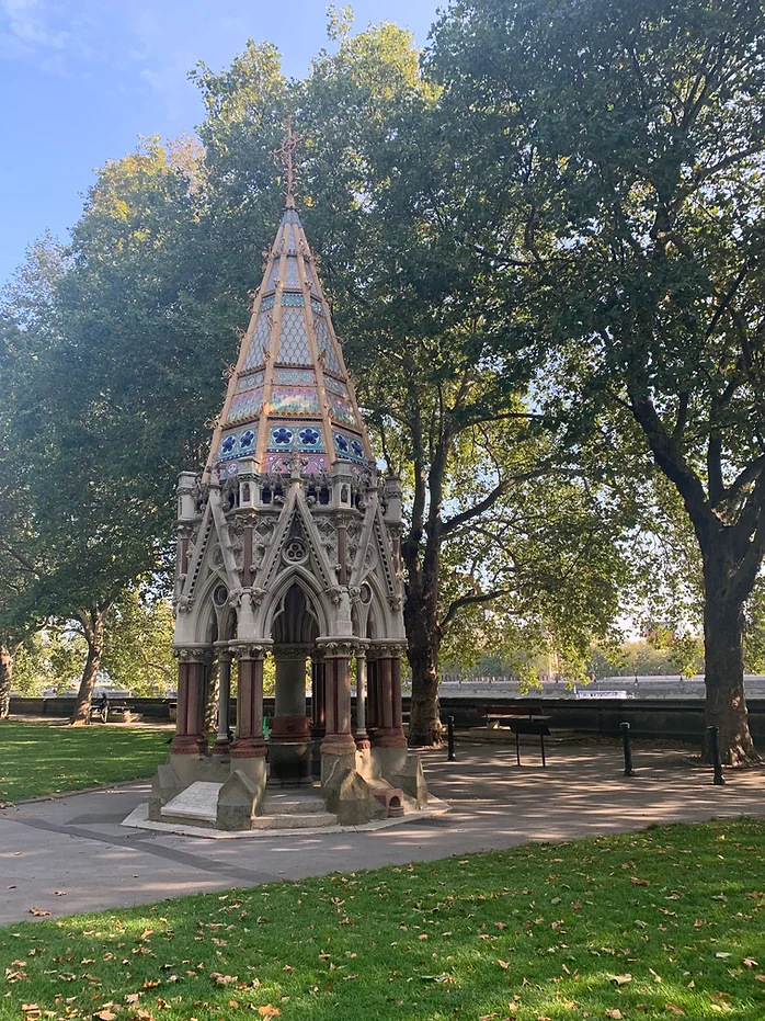 Memorial fountain shaped like the top of a church tower. 
