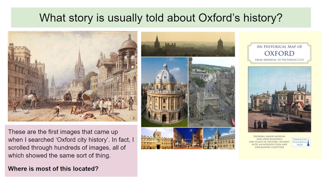 Slide presentation mixing texts and photographs of stately urban buildings. 