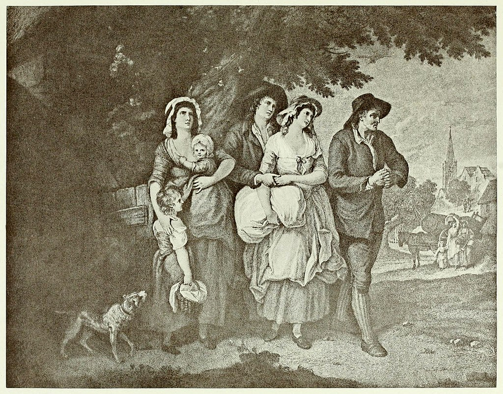Old style engraving of a group of people looking in the distance with sad faces