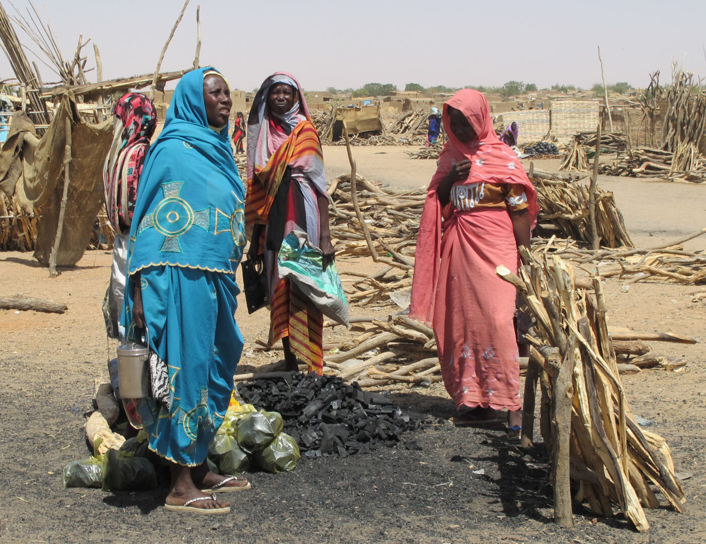 Sudanese women who have been internally displaced because of the war are selling coal.