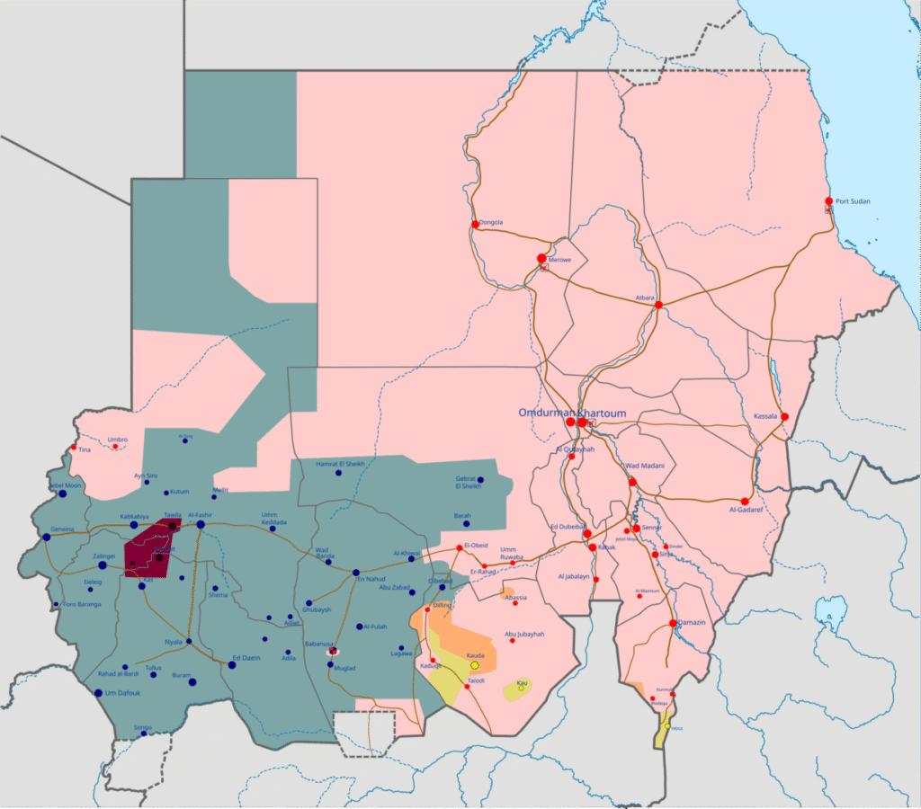 Map of Sudan showing in Pink areas controlled by Sudanese Armed Forces, in Green areas controlled by the Rapid Support Forces, and in Burgundy areas controlled by the Sudan Libreation Movement.